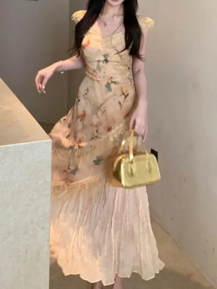 Aiertu Fashion New Women Elegant Casual Midi Floral Dress Lace Vintage Bodycon Print Summer Vestidos Female Clothes Mujers Robe