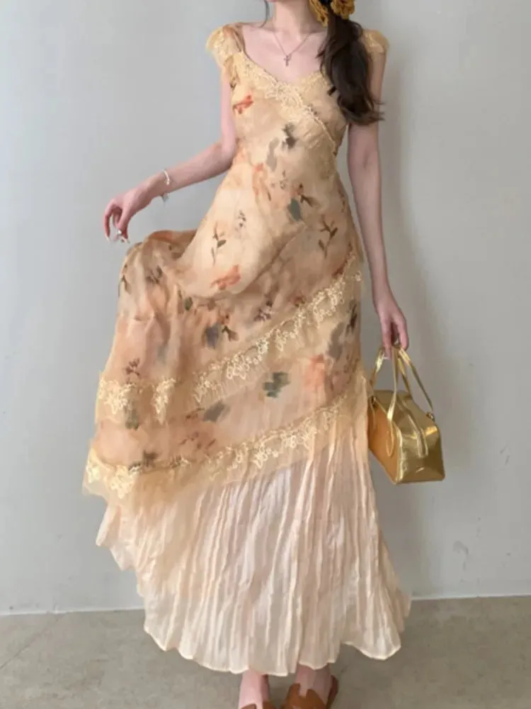 Aiertu Fashion New Women Elegant Casual Midi Floral Dress Lace Vintage Bodycon Print Summer Vestidos Female Clothes Mujers Robe