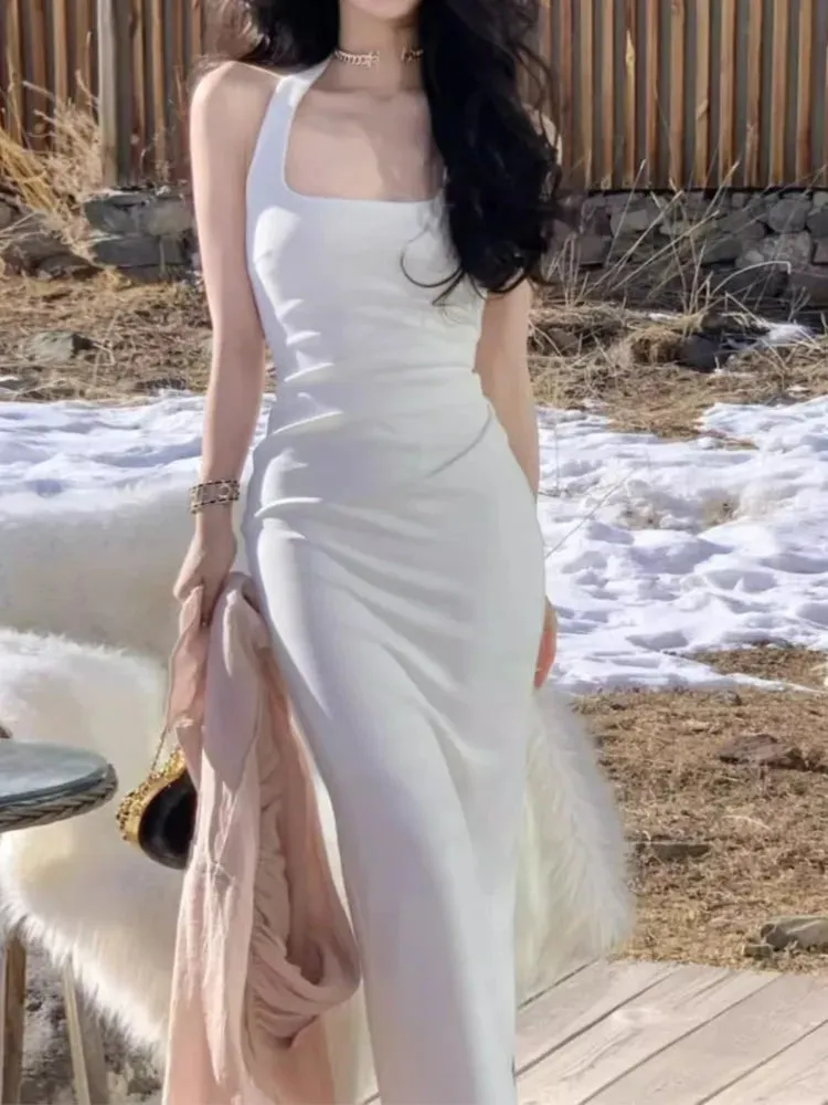 Aiertu Women Fashion Elegant Casual Midi Dress Halter Bodycon Slim Vintage Party Birthday Vestidos Female Clothes Sleeveless Lady Robe
