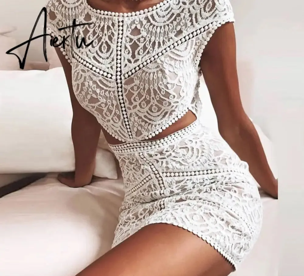 Aiertu  Women Solid Crochet Lace Mesh Mini Dress Elegant Fashion Chic Dress Bodycon Dress