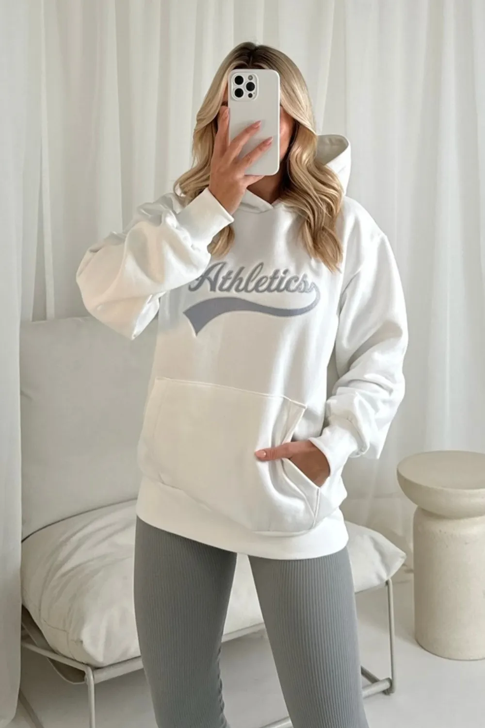 Athletics white embroidered hoodie and ribbed legging set