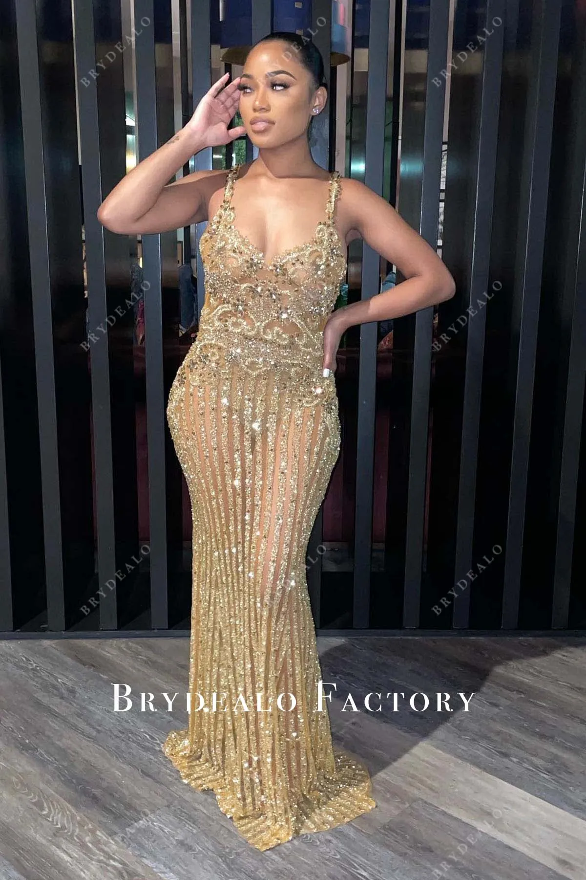 Champagne Glitter Thin Straps Fit and Flare Prom Dress