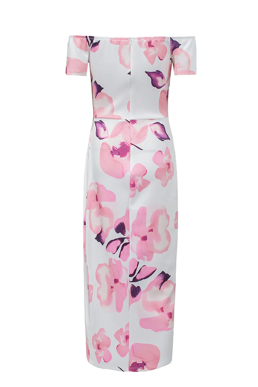 Dark Blue Floral Print Off Shoulder Slit Bodycon Midi Dress