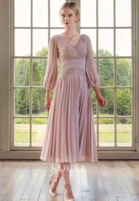 Elegant & Luxurious A-Line V-Neck Appliques Ruched Cocktail Mother of the Bride Dress