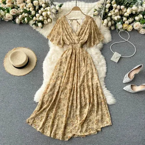 Elegant Ruffled Midi Dress With Floral Print