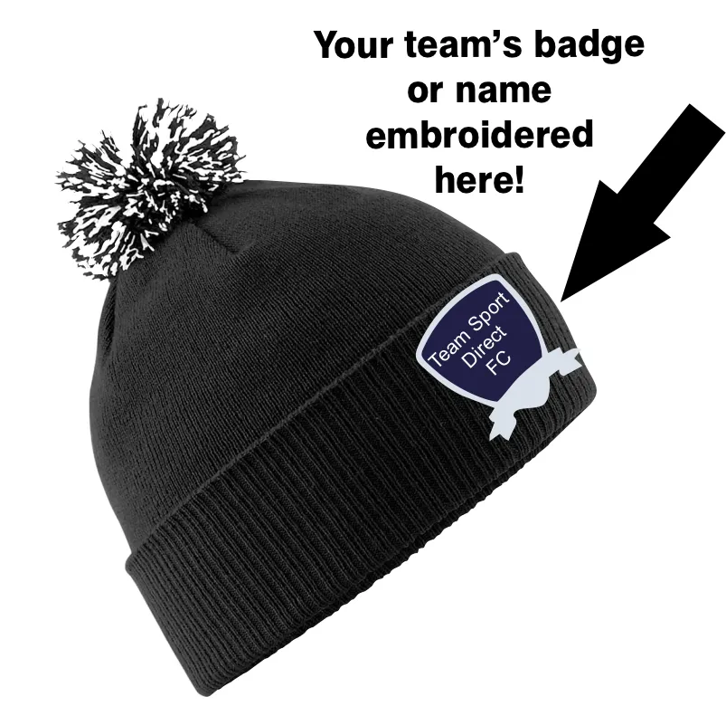 EMBROIDERED ADULT SNOWSTAR BOBBLE HAT BLACK WHITE