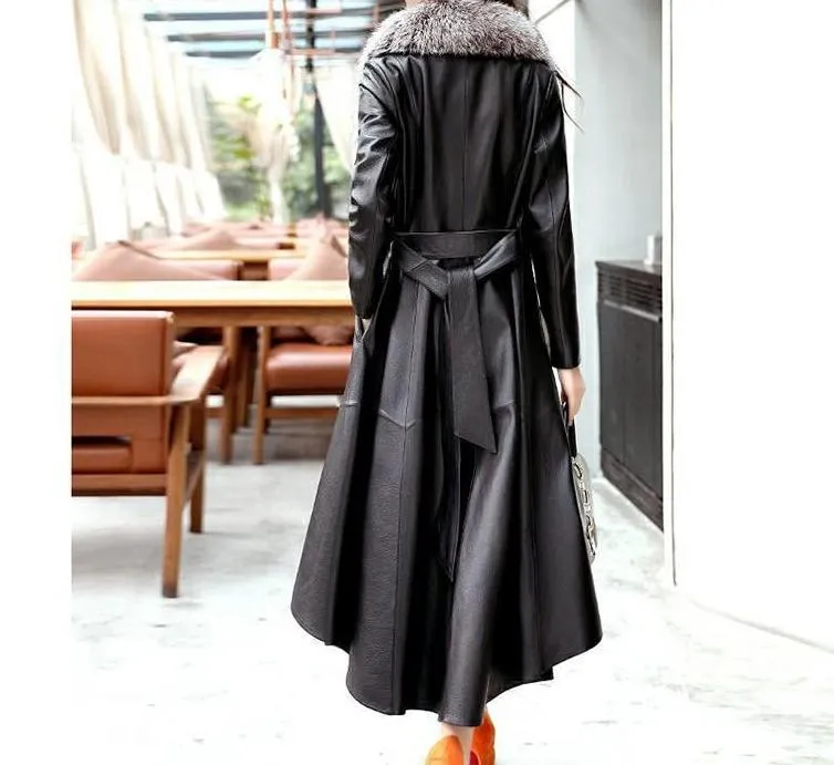 Genuine Fox Fur Collar  Leather Windbreaker Coat