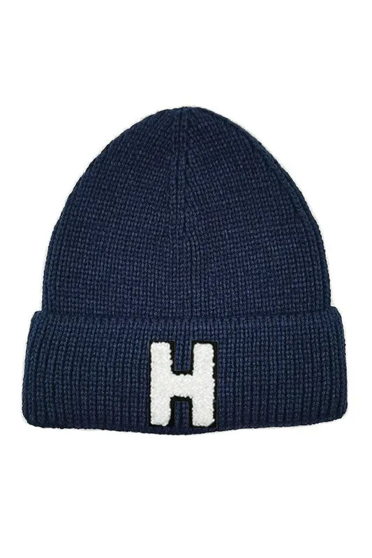 Letter H Chenille Patch Ribbed Cuff Beanie Hat