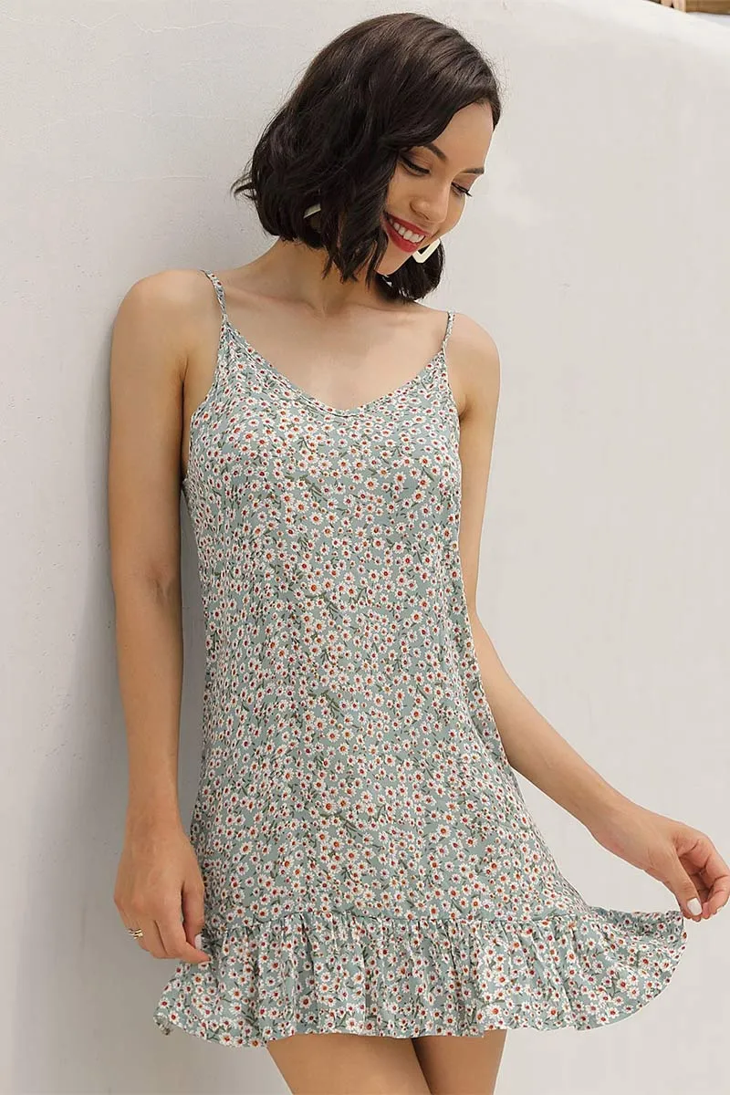 Little Fresh Floral Ruffled Spaghetti Straps Dress