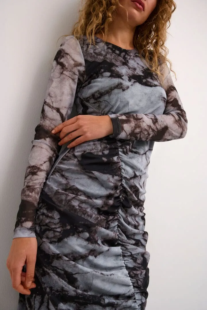 MESH RUCHED LONG TYE DYE  DRESS
