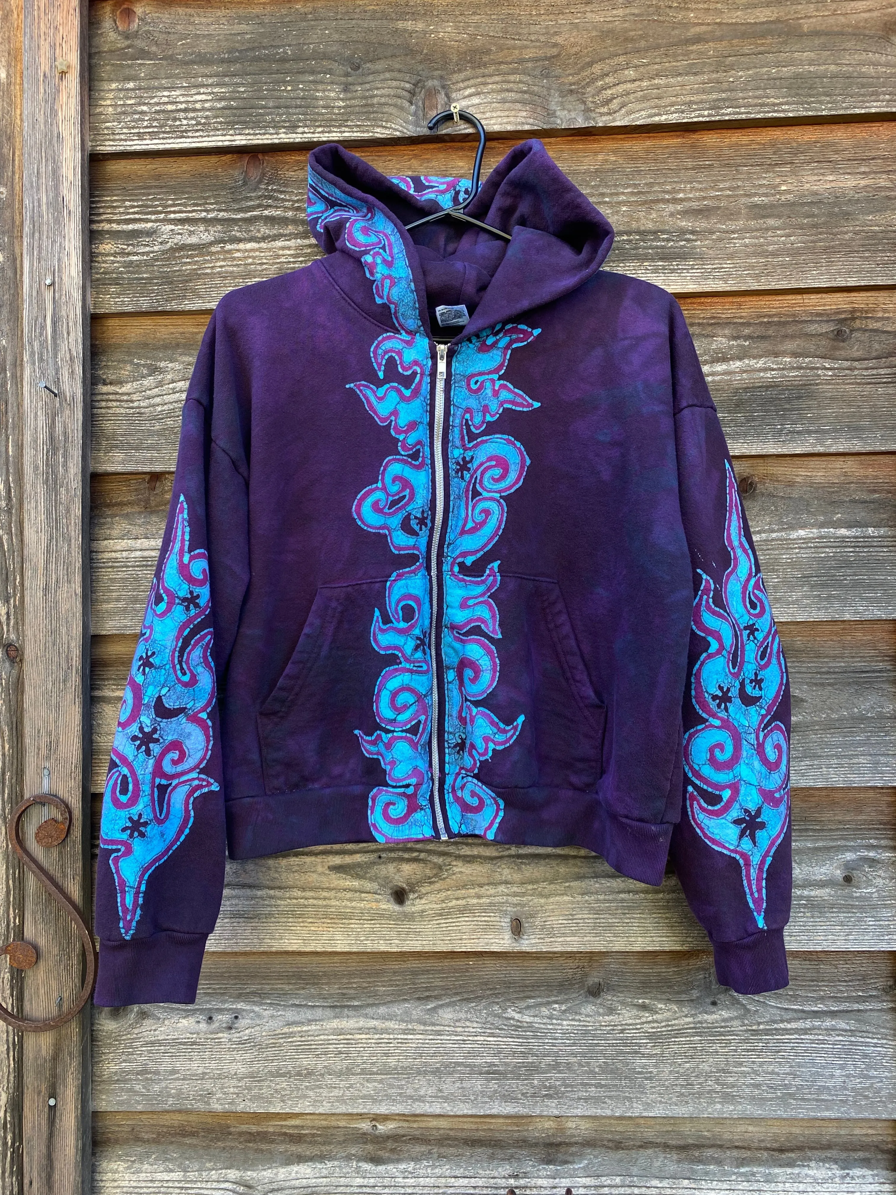 Midnight Purple with Turquoise Flames Handmade Batik Hoodie - 2X Unisex