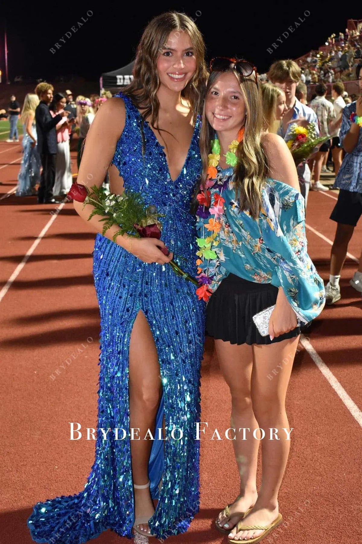 Ocean Blue Sequined Plunging Neck Homecoming Prom Dress
