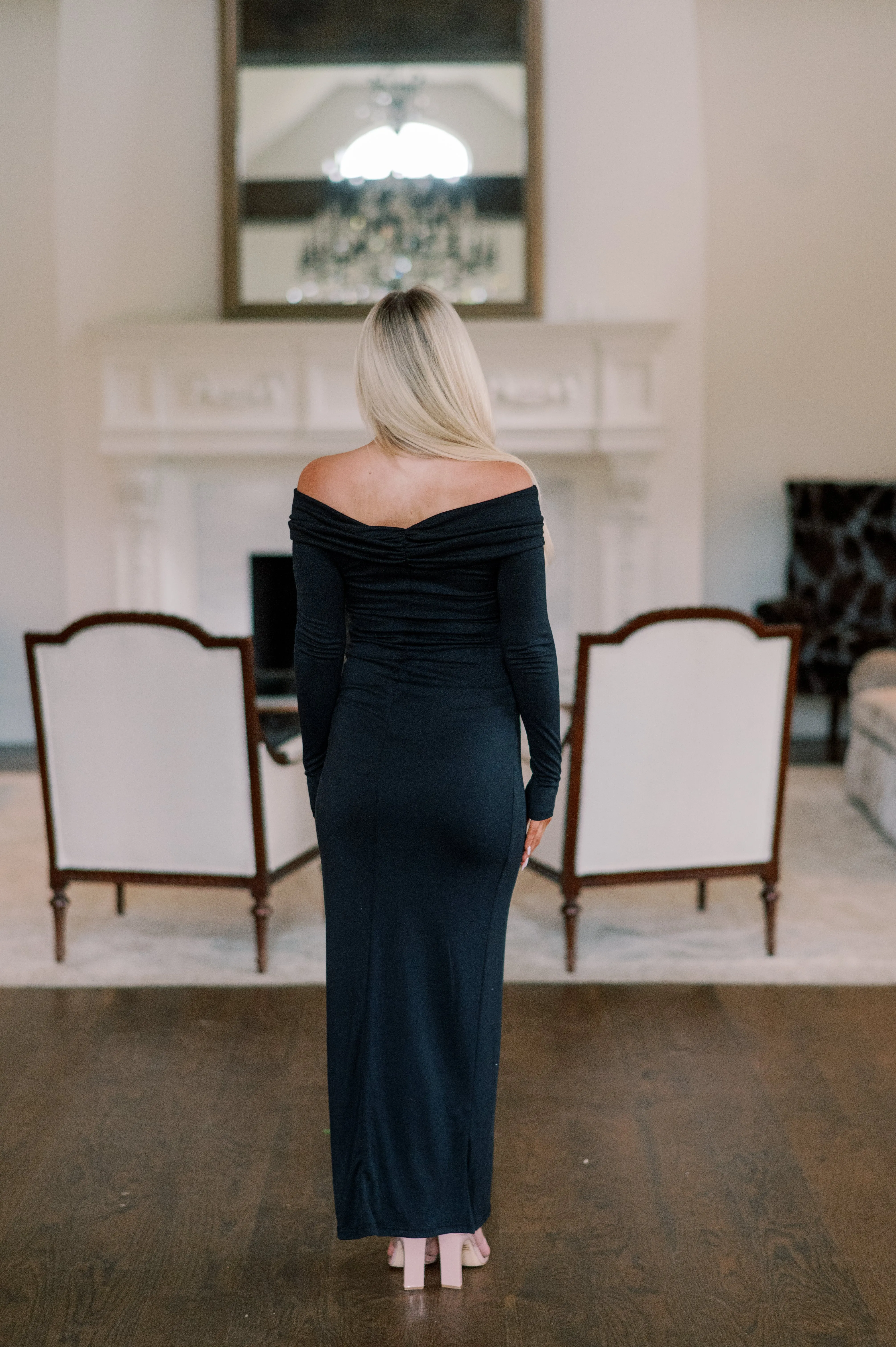 Off-Shoulder Ruched Maxi Dress- Black