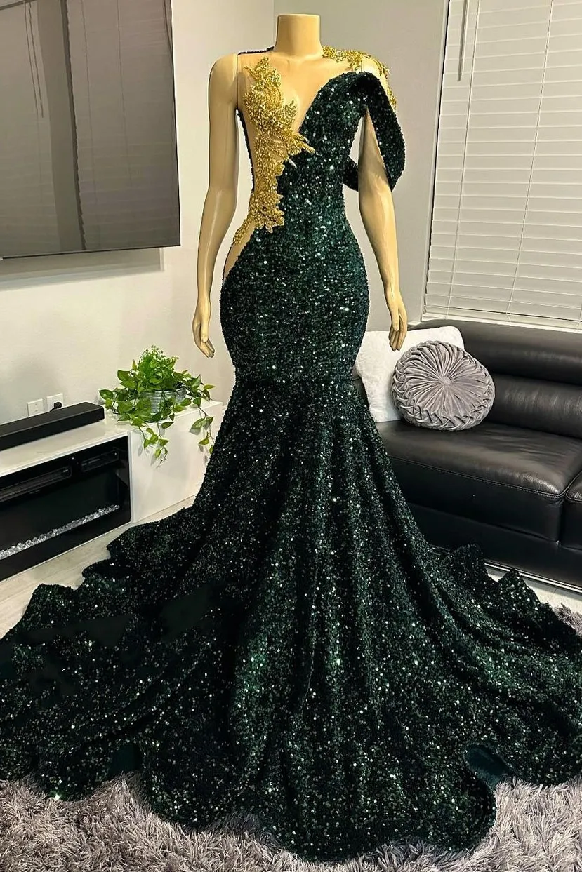 One shoudler Dark Green Sequin Floor length Prom Dress