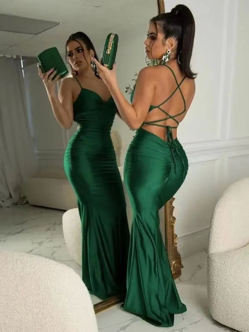 Purpdrank - 2023 New Lace Up Women Solid Satin Maxi Dress Backless Bodycon Sexy Streetwear Party Elegant Festival Evening Summer Long Dress