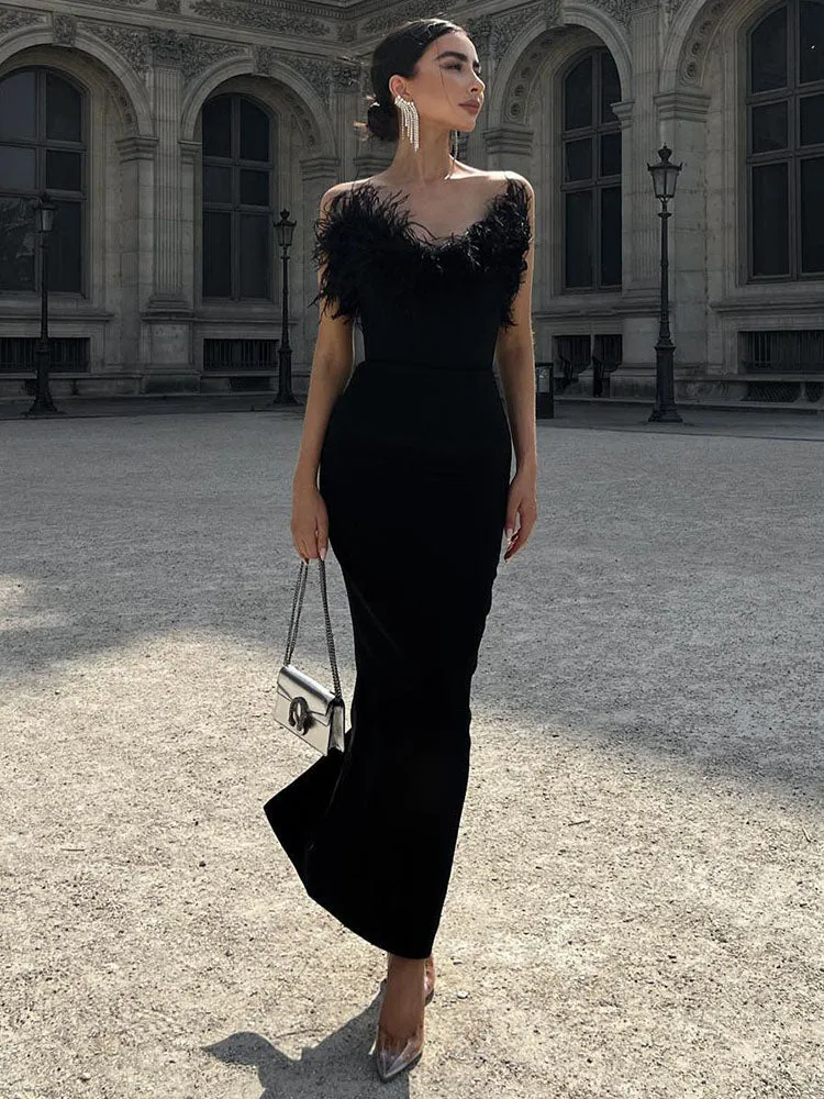 Purpdrank - Elegant Strapless Long Party Dresses Women Sexy Sleeveless Backless Midi Dress Bodycon Feather Formal Evening Dress