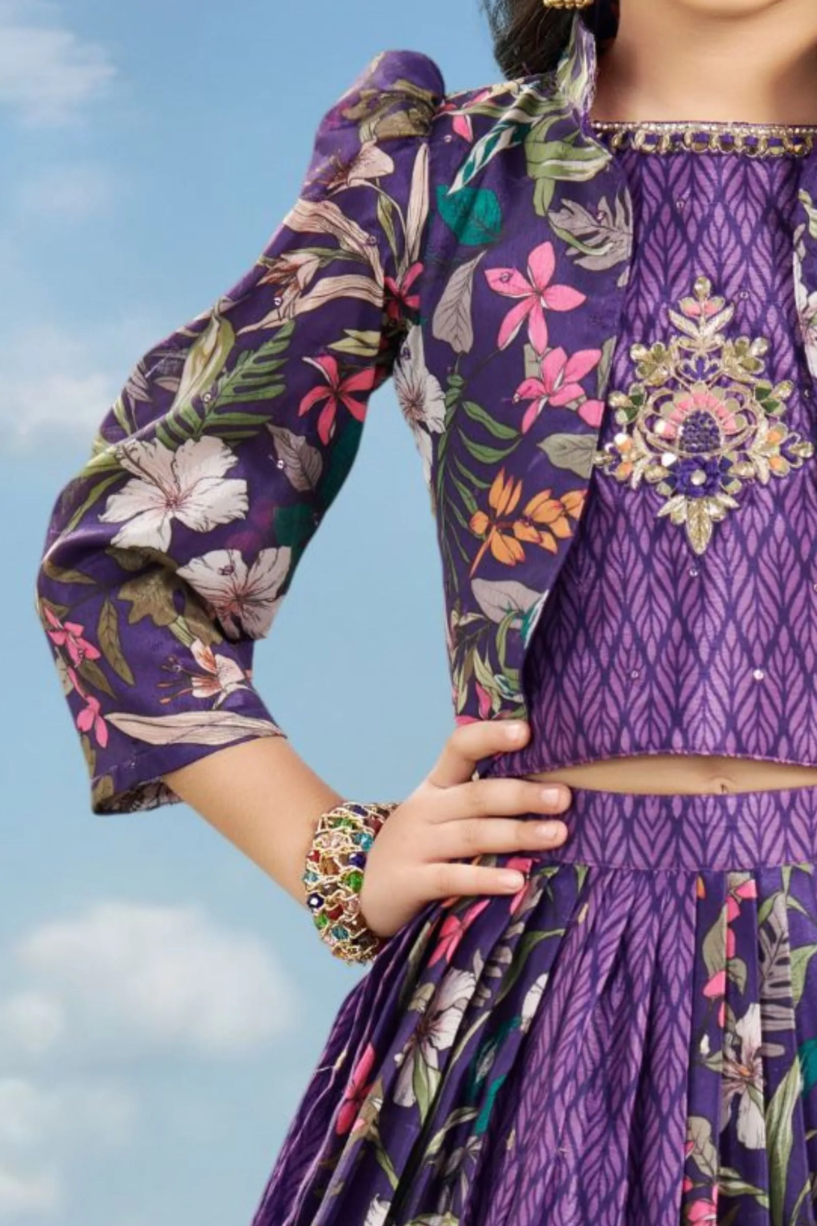 Purple Sequins and Zari work with Floral Print Overcoat Styled Lehenga Choli for Girls