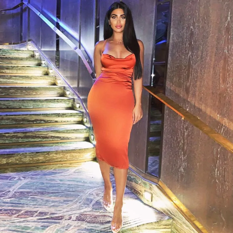Satin lace up bodycon long midi dress