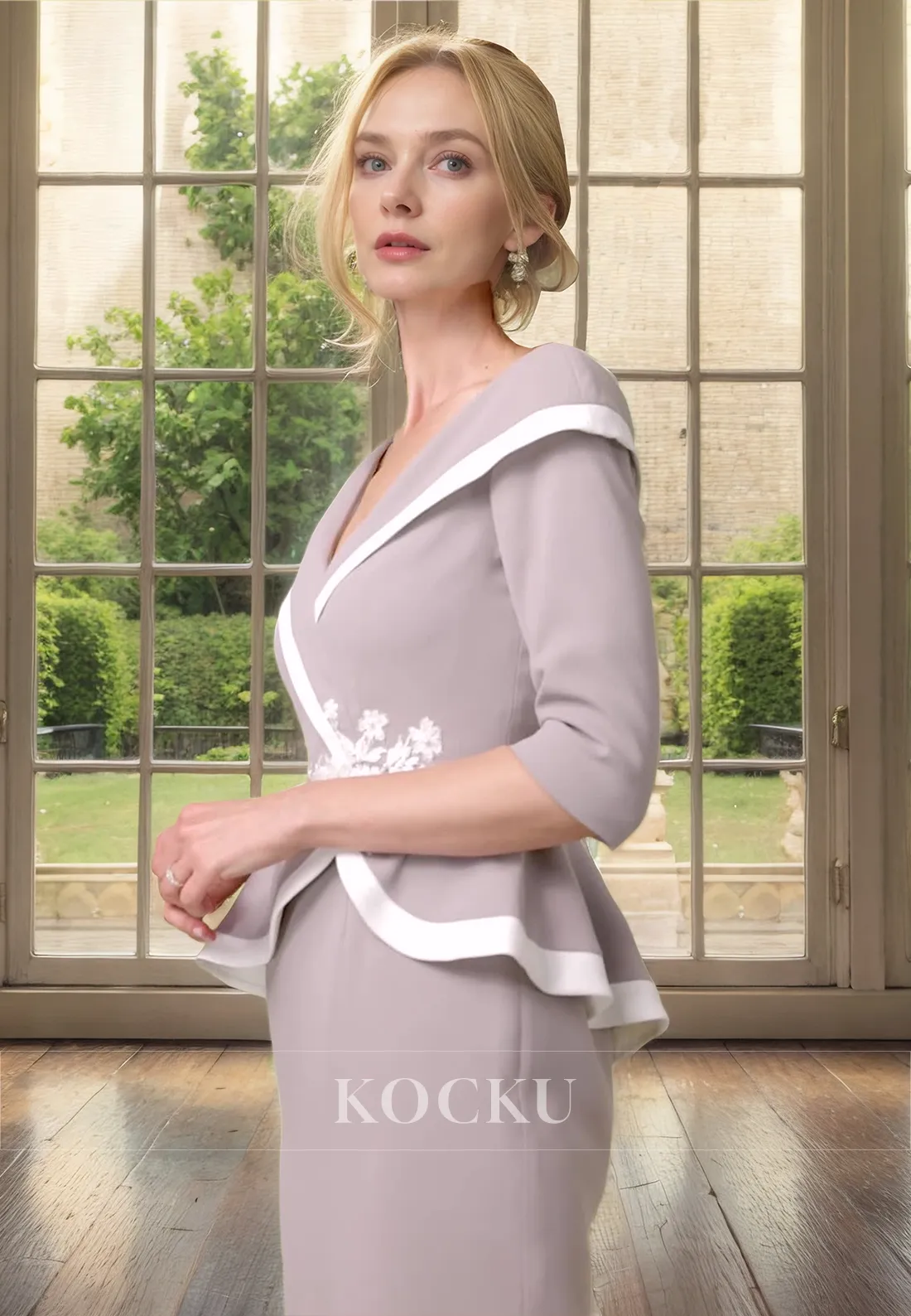 Simple & Casual V-Neck Long sleeves Sheath Two-Piece Cocktail Mother of the Bride Dress