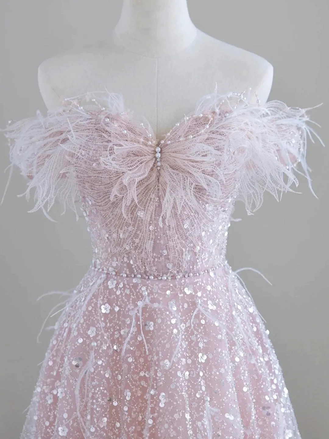 Sparkling Tulle Sequin Long Prom Dress Off the Shoulder Pink Evening Party Dress