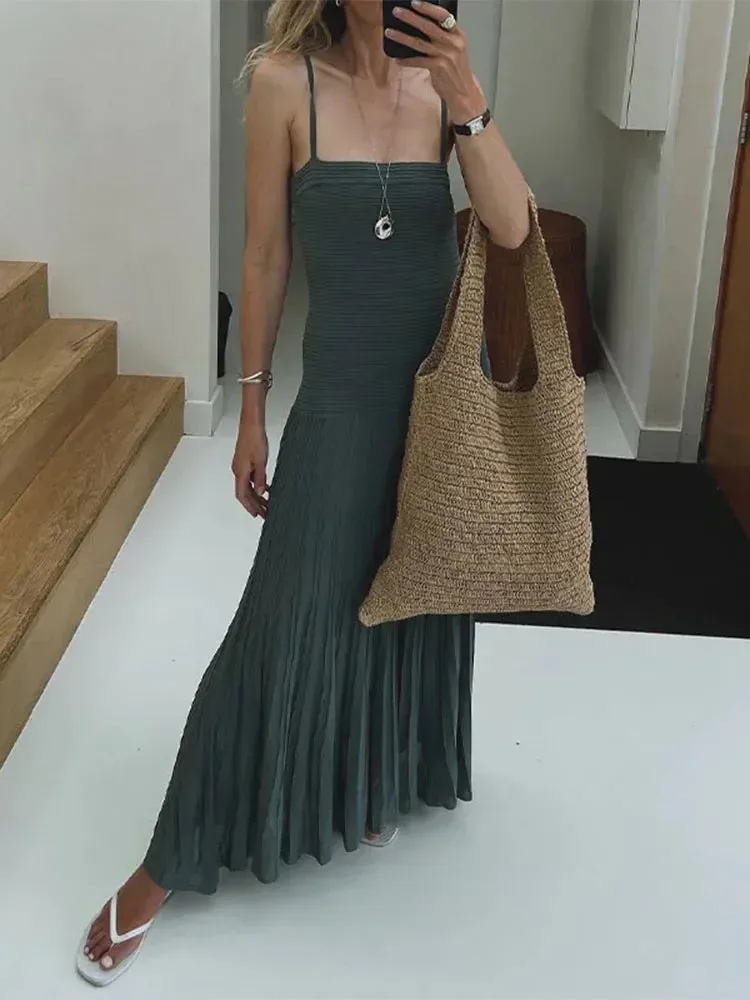 TAVIMART  -  Elegant Solid Pleated Knitted Spaghetti Strap Maxi Dress Fashion Backless Sleeveless Bodycon Dresses Summer Lady Street Vestidos