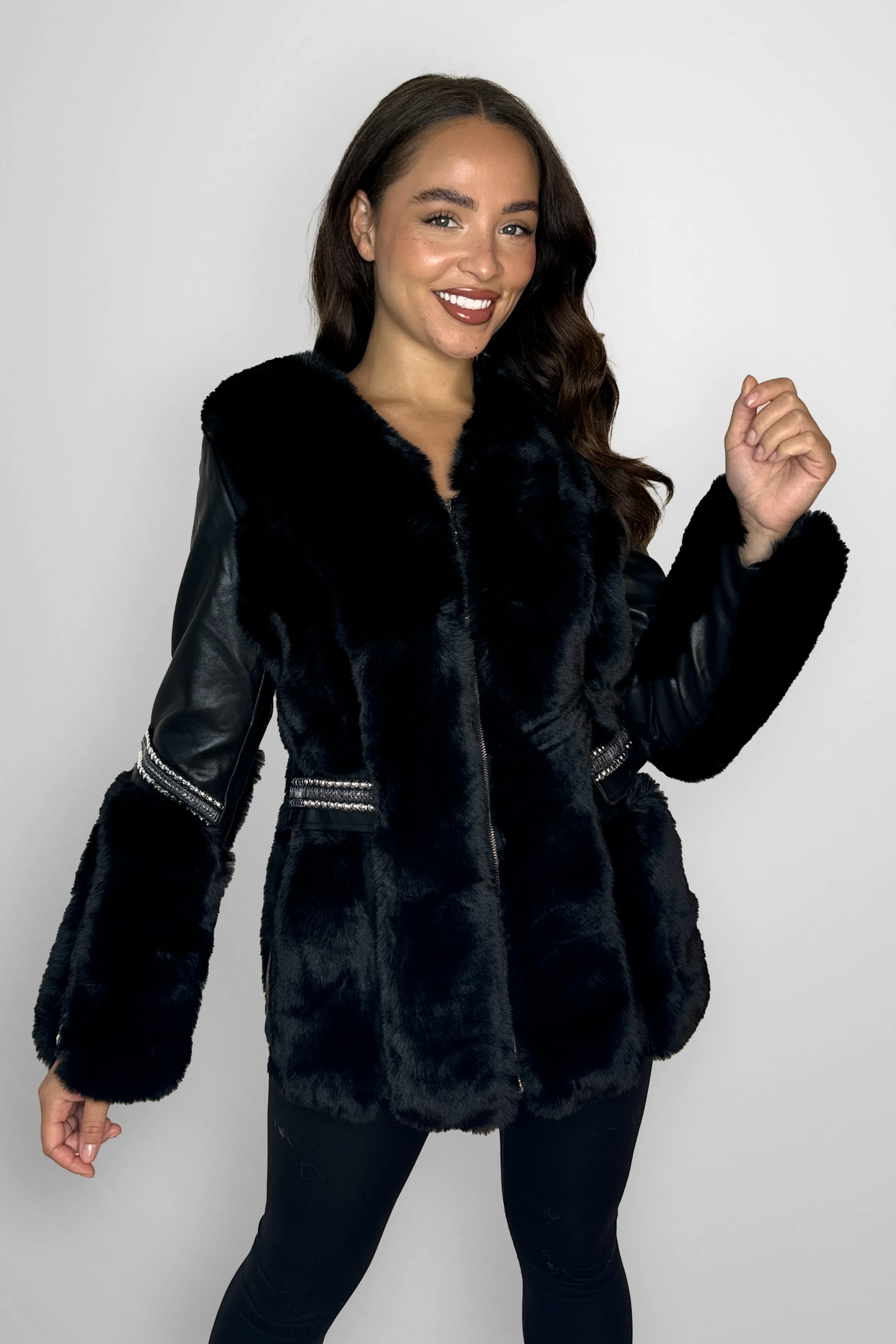Vegan Fur With Leather Panel Luxurious Beaded Trim Elegant Jacket