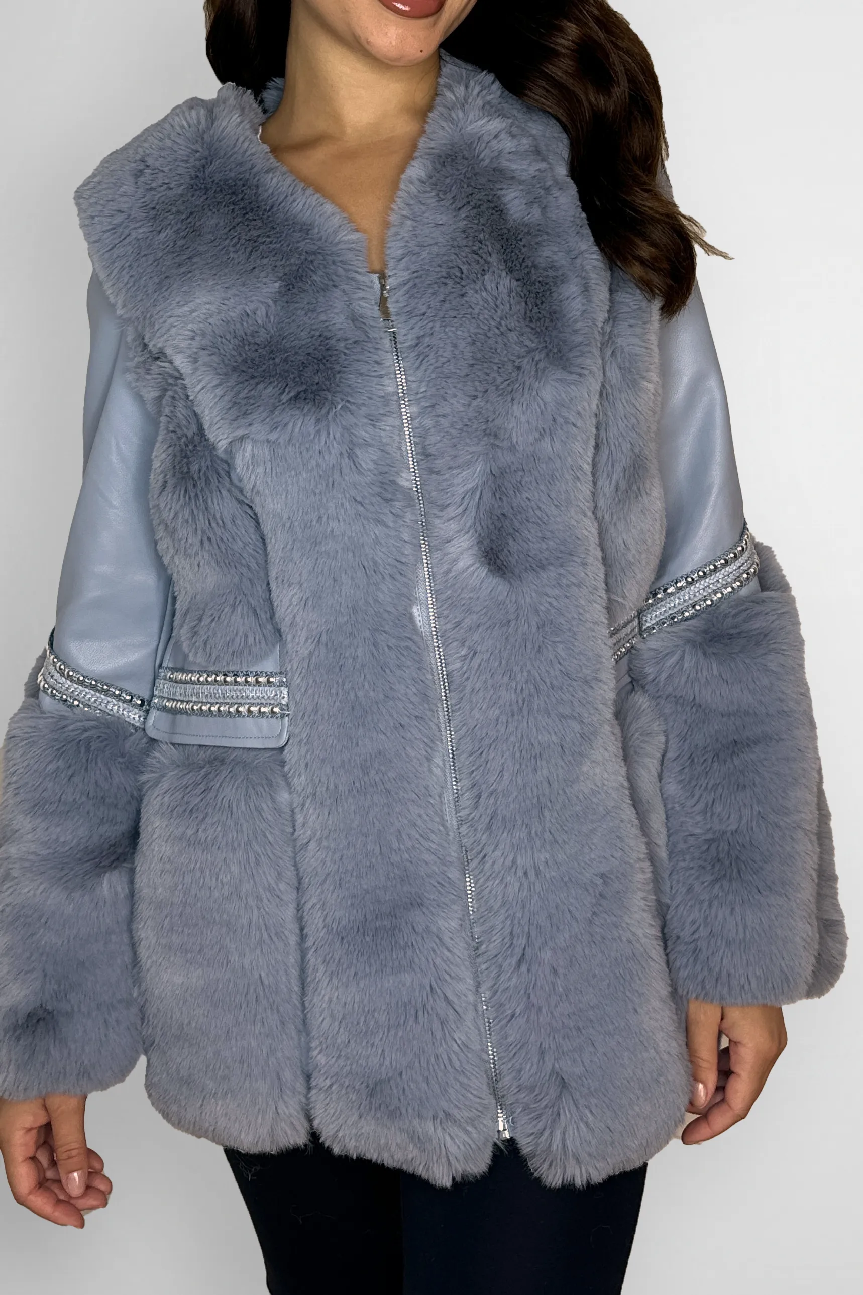 Vegan Fur With Leather Panel Luxurious Beaded Trim Elegant Jacket