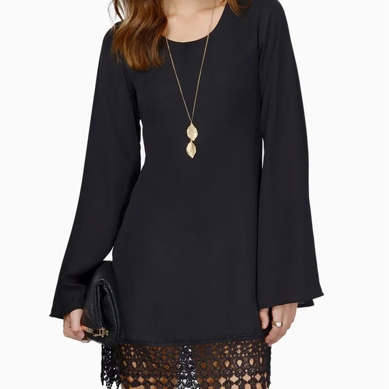 VenusFox Long Sleeve Dress Casual O-neck Lace Party Dresses