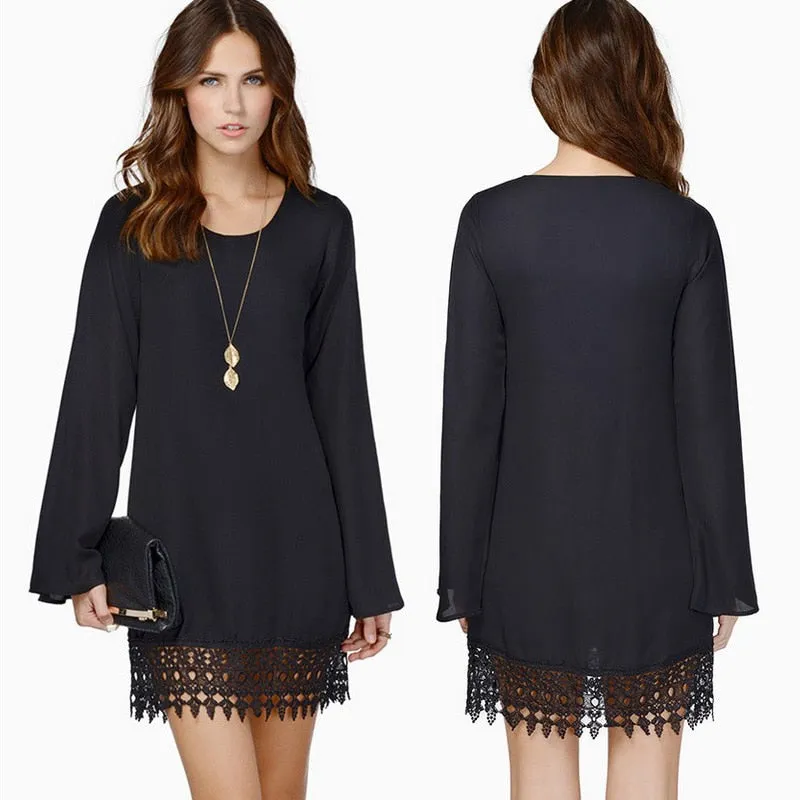 VenusFox Long Sleeve Dress Casual O-neck Lace Party Dresses