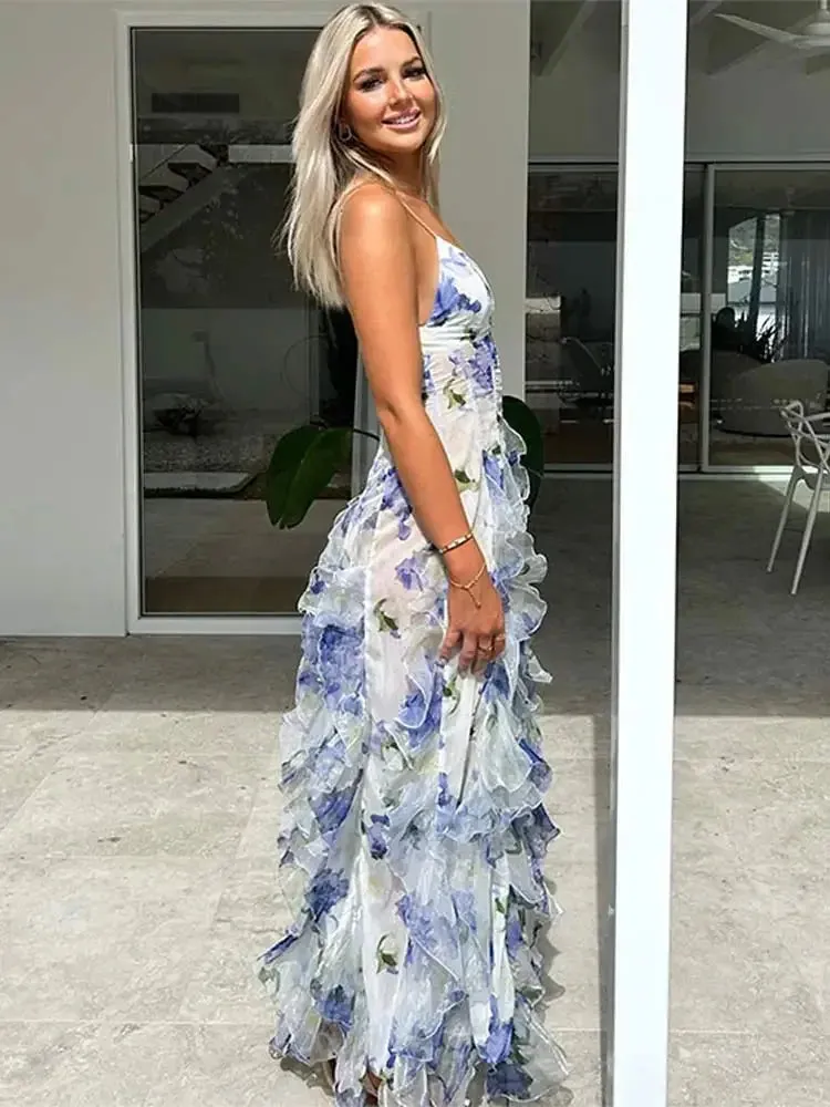 Women's Elegant Flower Print Ruffle Sling Maxi Dress Fashion New Sleeveless Bodycon Vestidos Female New Beach Holiday Long Robe