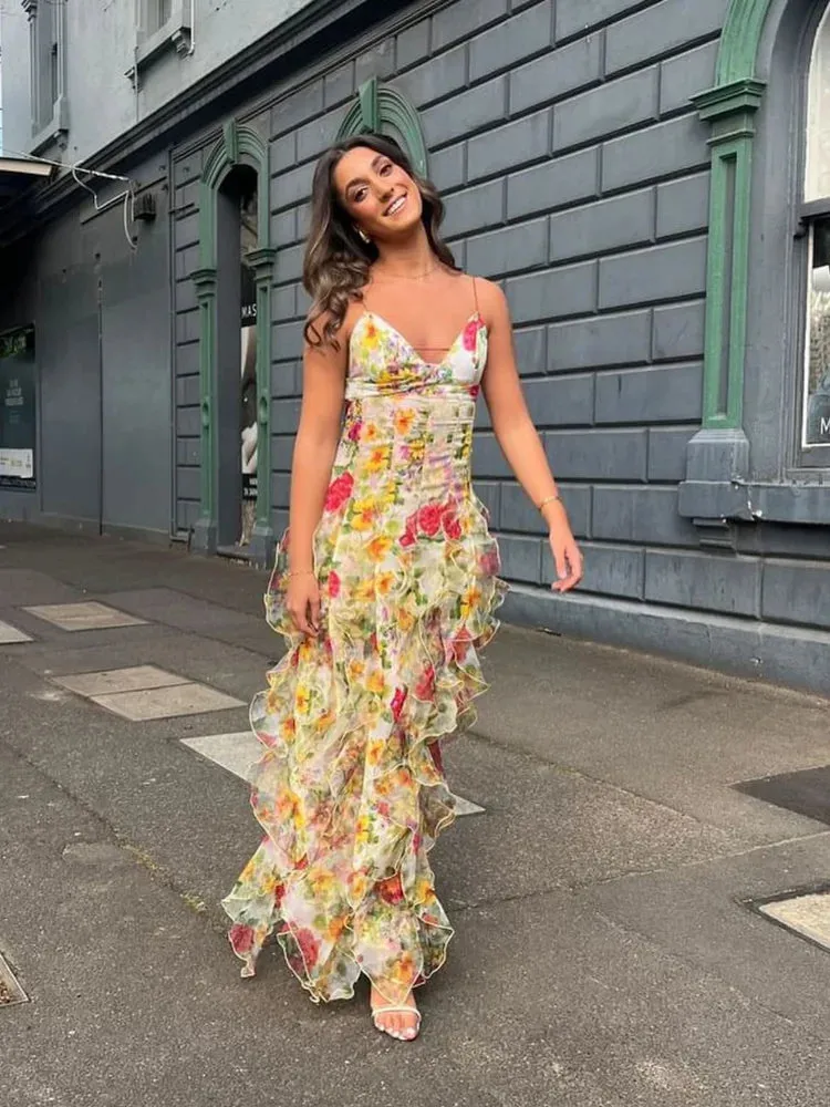Women's Elegant Flower Print Ruffle Sling Maxi Dress Fashion New Sleeveless Bodycon Vestidos Female New Beach Holiday Long Robe