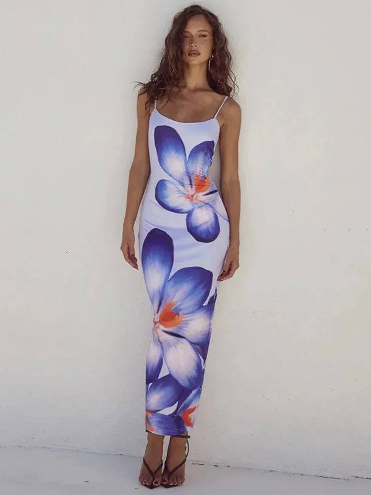 Women's Floral Print Long Dress: Elegant Summer Gown, Spaghetti Strap, Sleeveless, Backless Bodycon Midi Dress